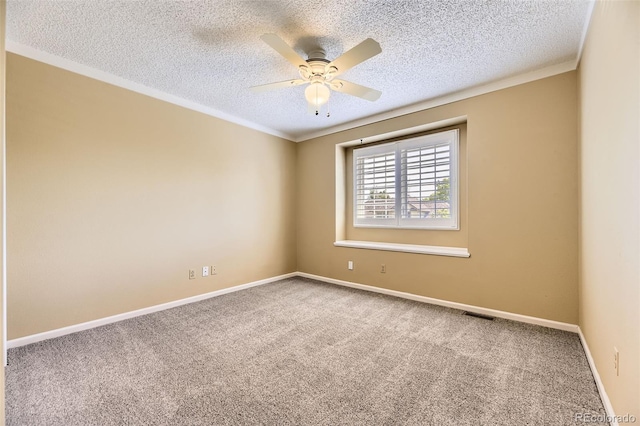 16257 E Belleview Pl, Centennial, CO 80015 - carpeted spare room featuring a textured ceiling, crown molding, a ceiling fan, and baseboards