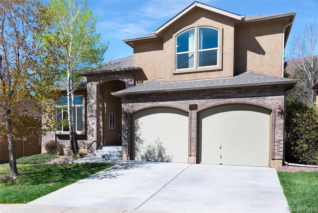 7436 Centennial Glen Dr, Colorado Springs, CO 80919 - view of front of house with brick siding, an attached garage, concrete driveway, and a shingled roof