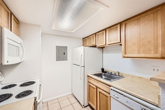 kitchen featuring white appliances, electric panel, a sink, light countertops, and light tile patterned floors