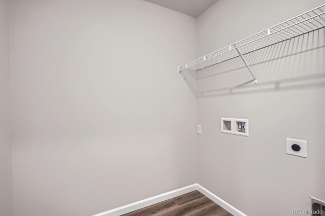 161 Robin Rd, Johnstown, CO 80534 - laundry room with baseboards, hookup for an electric dryer, laundry area, dark wood-style flooring, and washer hookup