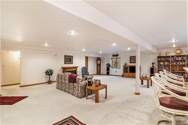 living room featuring light carpet