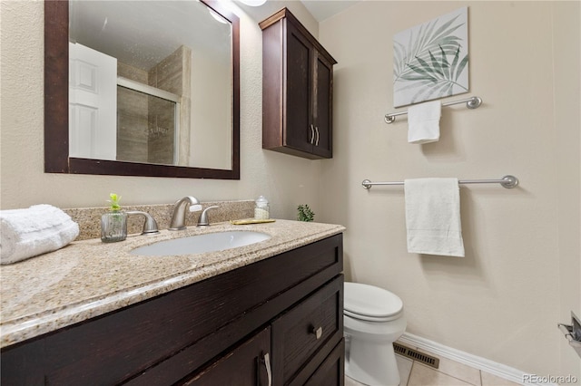 full bathroom featuring toilet, vanity, visible vents, tile patterned flooring, and a shower stall