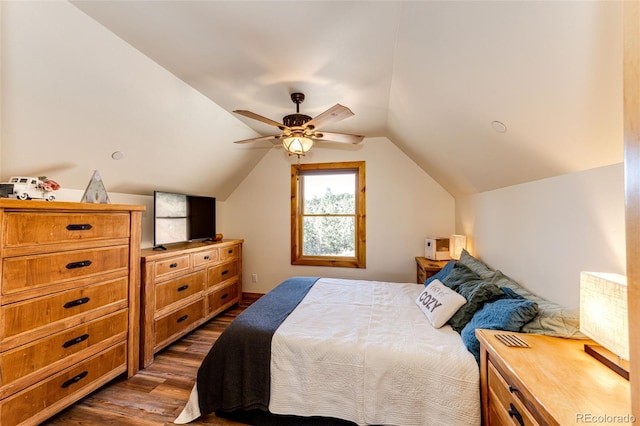 31266 Half Peak Trl, Pine, CO 80470 - bedroom with dark wood-style flooring, lofted ceiling, and a ceiling fan