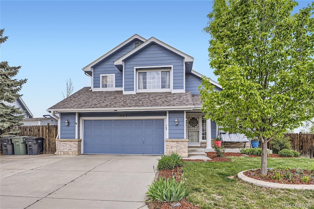 view of front of home with a garage, concrete driveway, a shingled roof, and brick siding