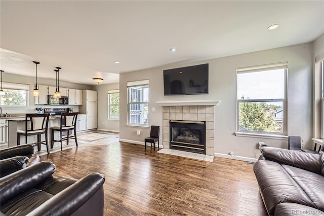 living area with healthy amount of natural light, baseboards, wood finished floors, and recessed lighting