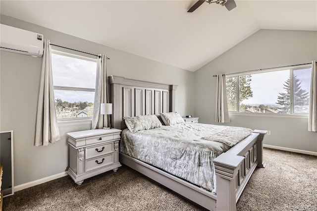 bedroom featuring a wall mounted AC, vaulted ceiling, dark carpet, baseboards, and a ceiling fan