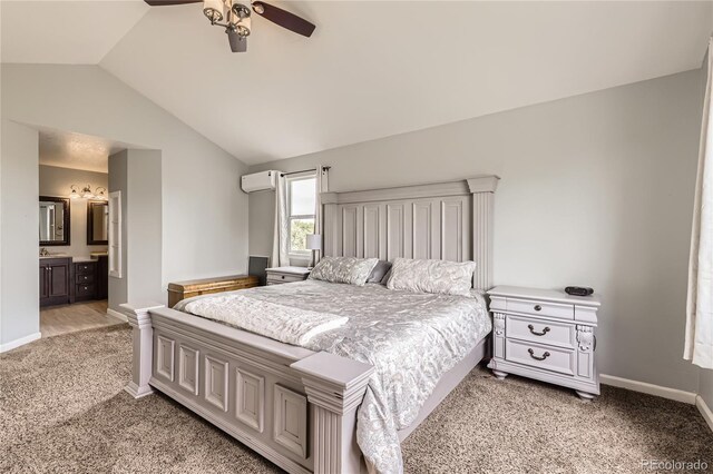 bedroom featuring a wall mounted air conditioner, light colored carpet, lofted ceiling, baseboards, and a ceiling fan