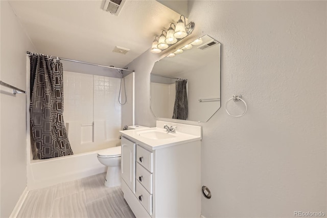 full bath with shower / bathtub combination with curtain, vanity, and toilet