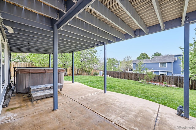 view of patio / terrace featuring a hot tub