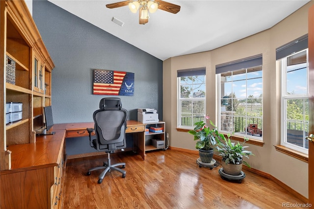 34827 E 7th Ave, Watkins, CO 80137 - home office with wood finished floors, vaulted ceiling, and a ceiling fan