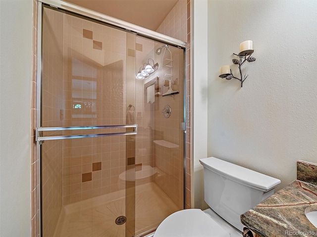 31412 N Bermuda Dunes Dr, Evergreen, CO 80439 - bathroom with toilet, vanity, and a shower stall