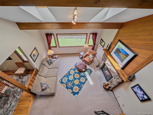 31412 N Bermuda Dunes Dr, Evergreen, CO 80439 - carpeted living area with beam ceiling, a skylight, and baseboards