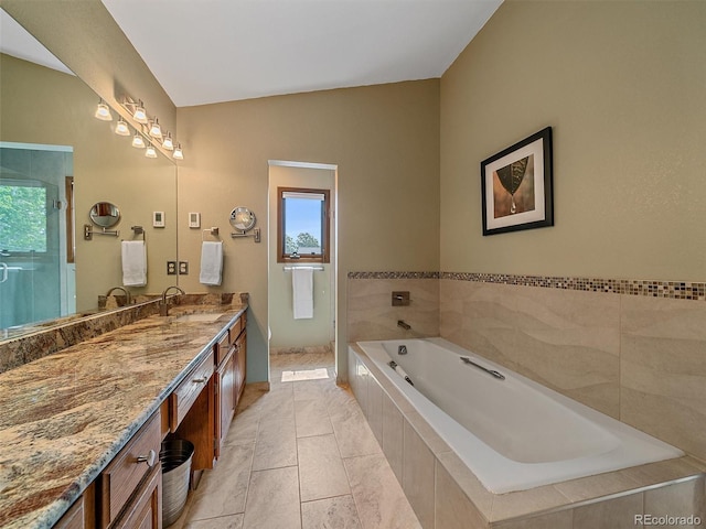 31412 N Bermuda Dunes Dr, Evergreen, CO 80439 - bathroom with vanity, a garden tub, healthy amount of natural light, and lofted ceiling