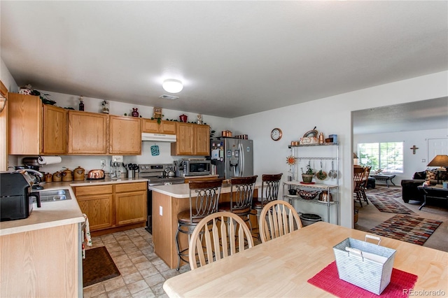 5400 Perth St, Denver, CO 80249 - kitchen with appliances with stainless steel finishes, under cabinet range hood, light countertops, a center island, and a sink