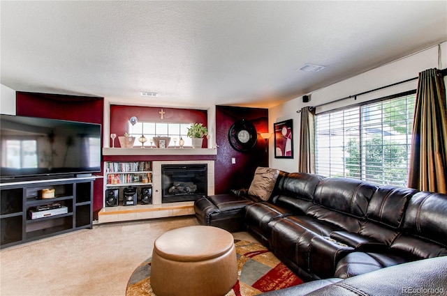 5400 Perth St, Denver, CO 80249 - carpeted living area with a fireplace and a textured ceiling