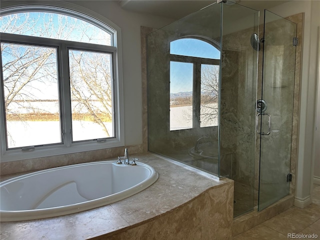 bathroom with a healthy amount of sunlight and plus walk in shower