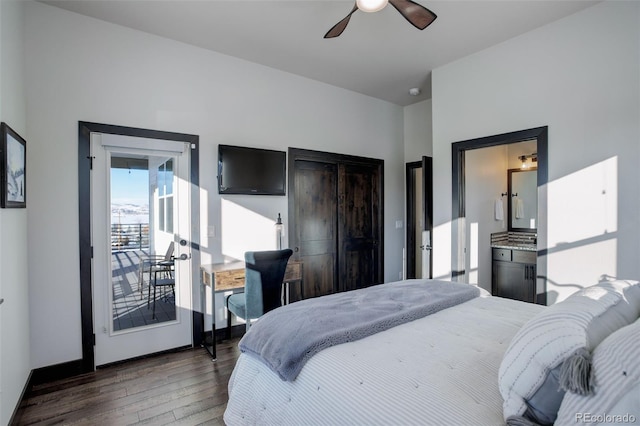 bedroom with access to exterior, baseboards, dark wood finished floors, and a ceiling fan