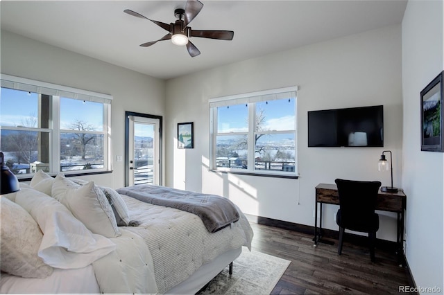 bedroom featuring access to outside, dark wood-style flooring, ceiling fan, and baseboards