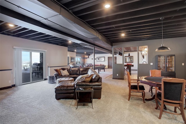 living room featuring carpet, pool table, and baseboards