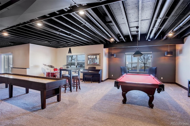 recreation room with carpet, pool table, and baseboards