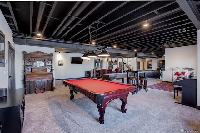 game room featuring a dry bar, baseboards, carpet flooring, and pool table