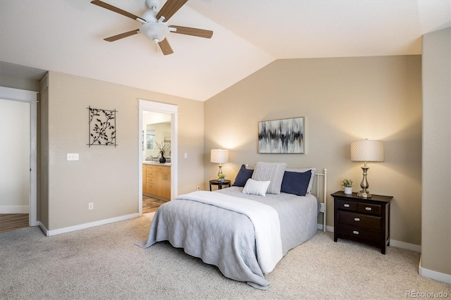 14000 Winding River Ct Unit T3, Broomfield, CO 80023 - bedroom with lofted ceiling, light colored carpet, ensuite bath, and a ceiling fan