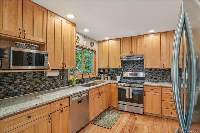 40 S 34th St, Boulder, CO 80305 - kitchen with stainless steel appliances, under cabinet range hood, light wood-style flooring, tasteful backsplash, and recessed lighting