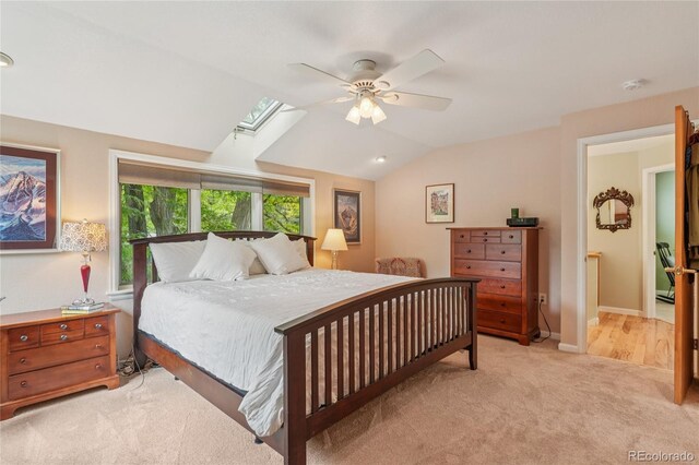 40 S 34th St, Boulder, CO 80305 - bedroom featuring carpet flooring, a skylight, lofted ceiling, and a ceiling fan