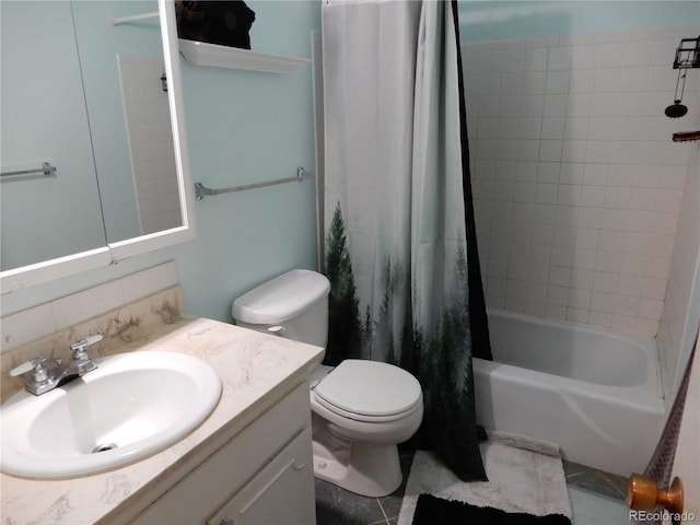 full bathroom featuring vanity, tile patterned floors, toilet, tasteful backsplash, and shower / tub combo