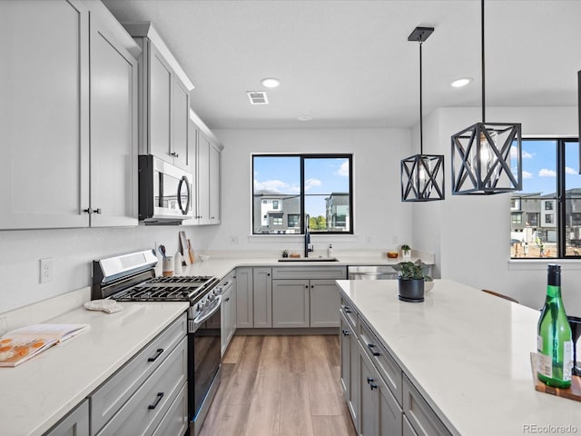 kitchen featuring light wood finished floors, visible vents, gray cabinetry, stainless steel appliances, and a sink