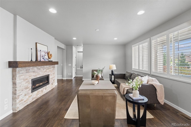 living room with dark hardwood / wood-style floors and a stone fireplace