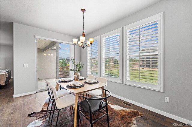 dining room with an inviting chandelier and hardwood / wood-style flooring