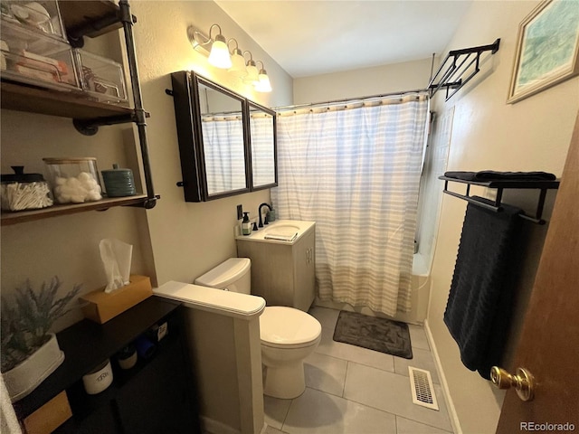 full bathroom featuring visible vents, toilet, shower / tub combo with curtain, tile patterned floors, and vanity