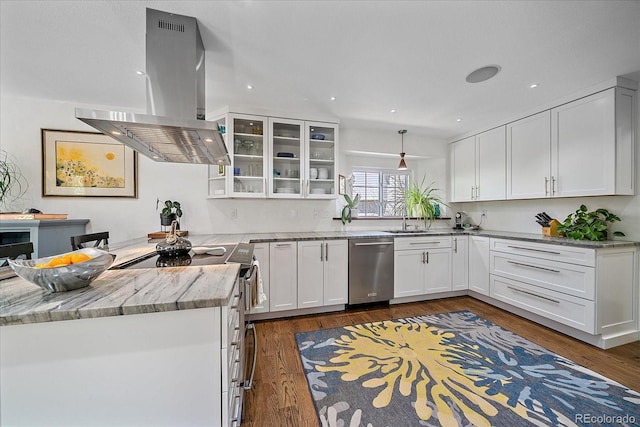 kitchen featuring range with electric cooktop, island exhaust hood, dishwasher, a sink, and white cabinets