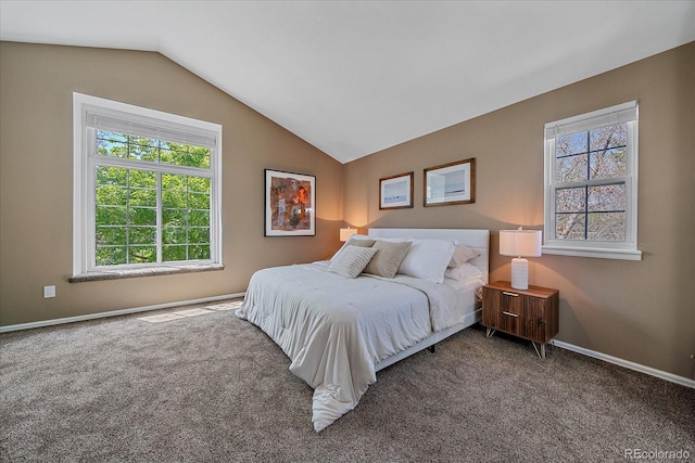 carpeted bedroom featuring multiple windows, lofted ceiling, and baseboards
