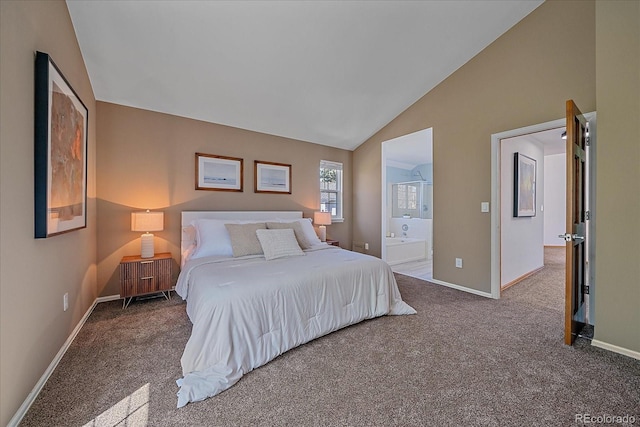 bedroom with carpet floors, baseboards, ensuite bathroom, and high vaulted ceiling