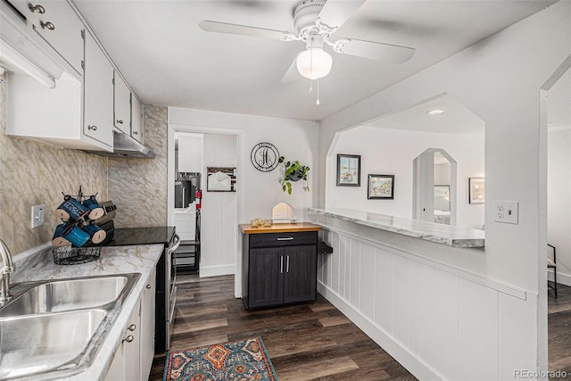 1293 S Perry St, Denver, CO 80219 - kitchen with stainless steel range with electric cooktop, dark wood finished floors, ceiling fan, and under cabinet range hood