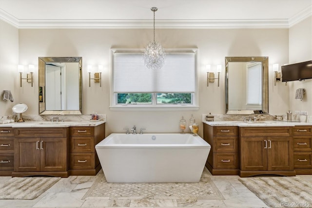 bathroom featuring crown molding, tile patterned flooring, an inviting chandelier, dual vanity, and a bath