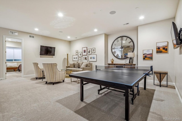 playroom with recessed lighting, visible vents, and light colored carpet