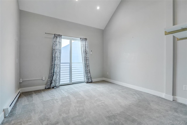 carpeted empty room featuring a baseboard heating unit, recessed lighting, baseboards, and high vaulted ceiling