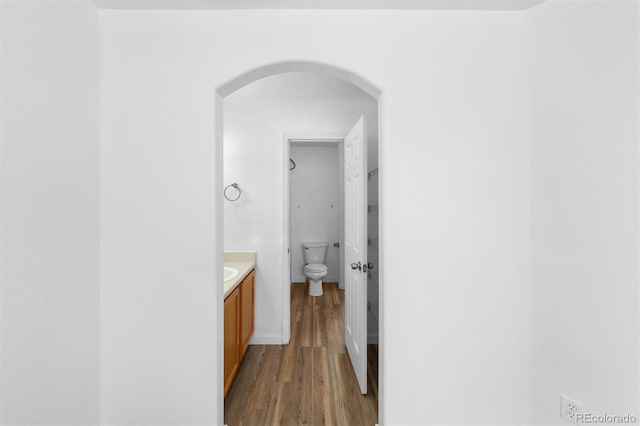 bathroom featuring vanity, hardwood / wood-style floors, and toilet