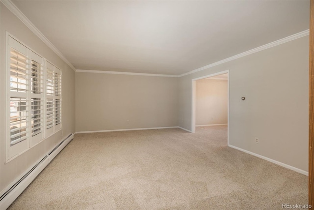 carpeted empty room featuring crown molding, baseboards, and a baseboard radiator