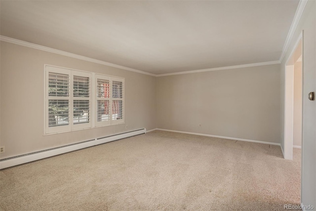 empty room with ornamental molding, baseboards, baseboard heating, and carpet floors