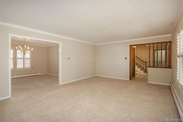 carpeted spare room featuring a notable chandelier, baseboard heating, crown molding, and stairs