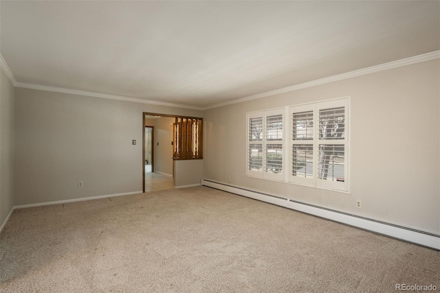 carpeted empty room featuring crown molding, baseboards, and a baseboard radiator