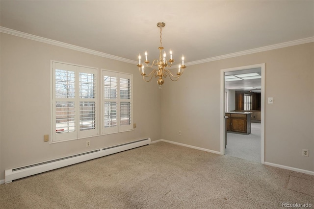 unfurnished room featuring a baseboard radiator, a chandelier, carpet flooring, and crown molding