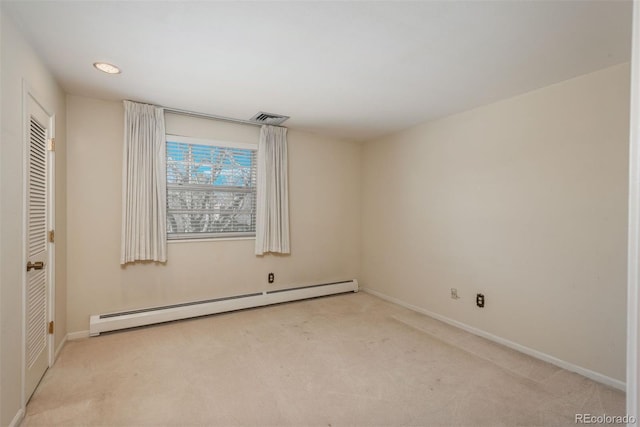 unfurnished bedroom with visible vents, baseboards, a baseboard radiator, recessed lighting, and carpet flooring