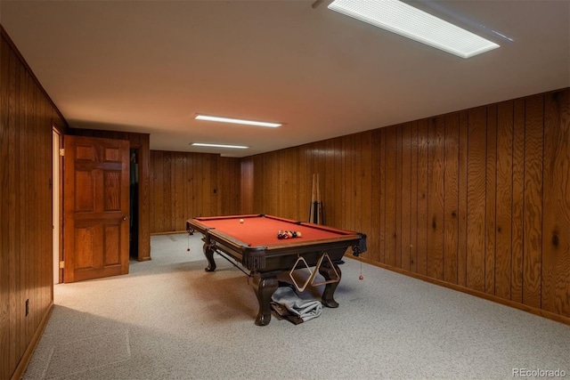 playroom with carpet flooring, wooden walls, and billiards