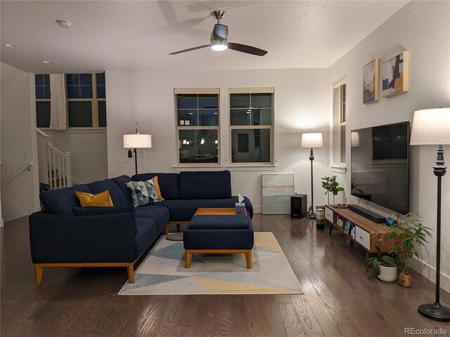 13788 Umatilla Ln, Broomfield, CO 80023 - living area featuring wood-type flooring, ceiling fan, and stairs