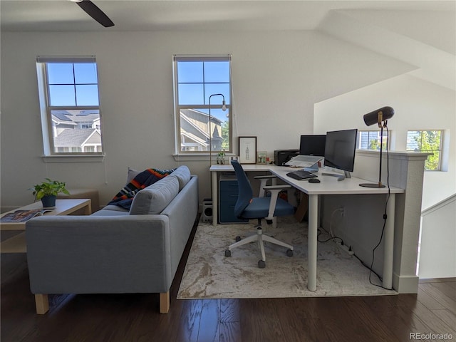 13788 Umatilla Ln, Broomfield, CO 80023 - office with wood finished floors, a ceiling fan, and lofted ceiling